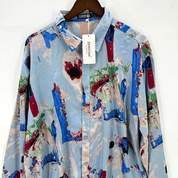 Zeroyaa Shirt Mens Button Down Long Sleeve Abstract Multicolor Lightweight XXL - Picture 3 of 10